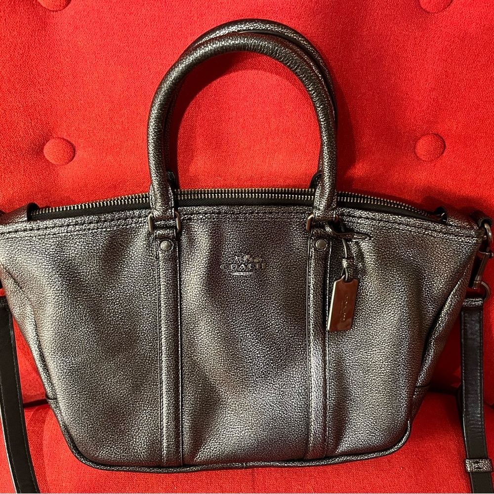 Coach Mini Kelsey Metallic Gunmetal Grey Pebble Leather Satchel/Crossbody